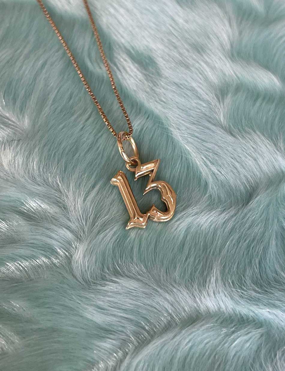 Gothic Lucky 13 Charm Pendant - 14k gold or sterling silver