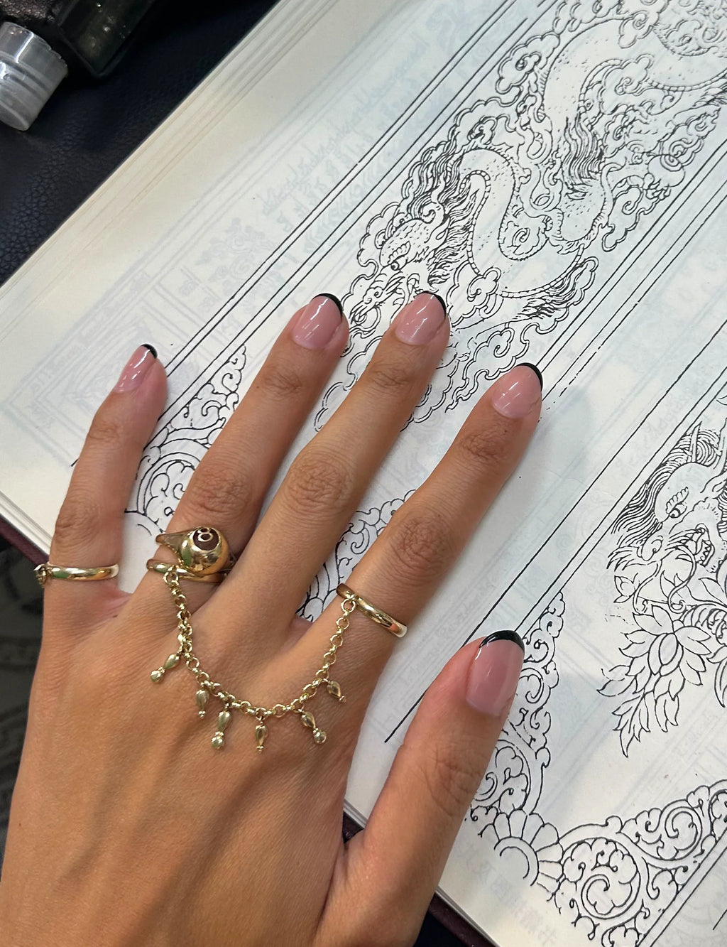 Double Diamond Tassel Chain Ring - 14k gold, diamond