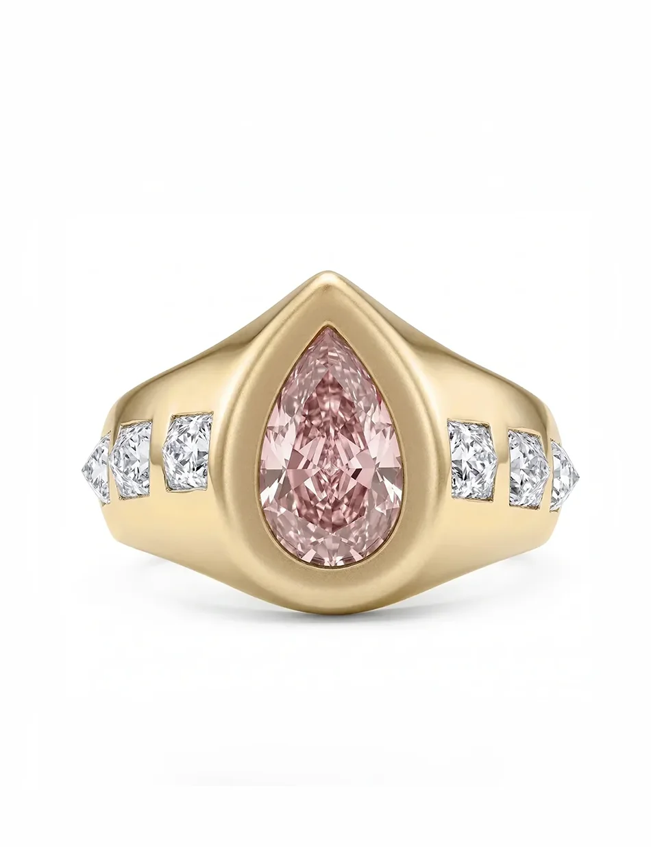 Rose Thorn Ring - 14k gold, pink diamond pear,<br>white diamond
