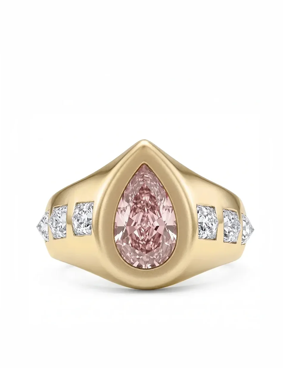 Rose Thorn Ring - 14k gold, pink diamond pear,<br>white diamond