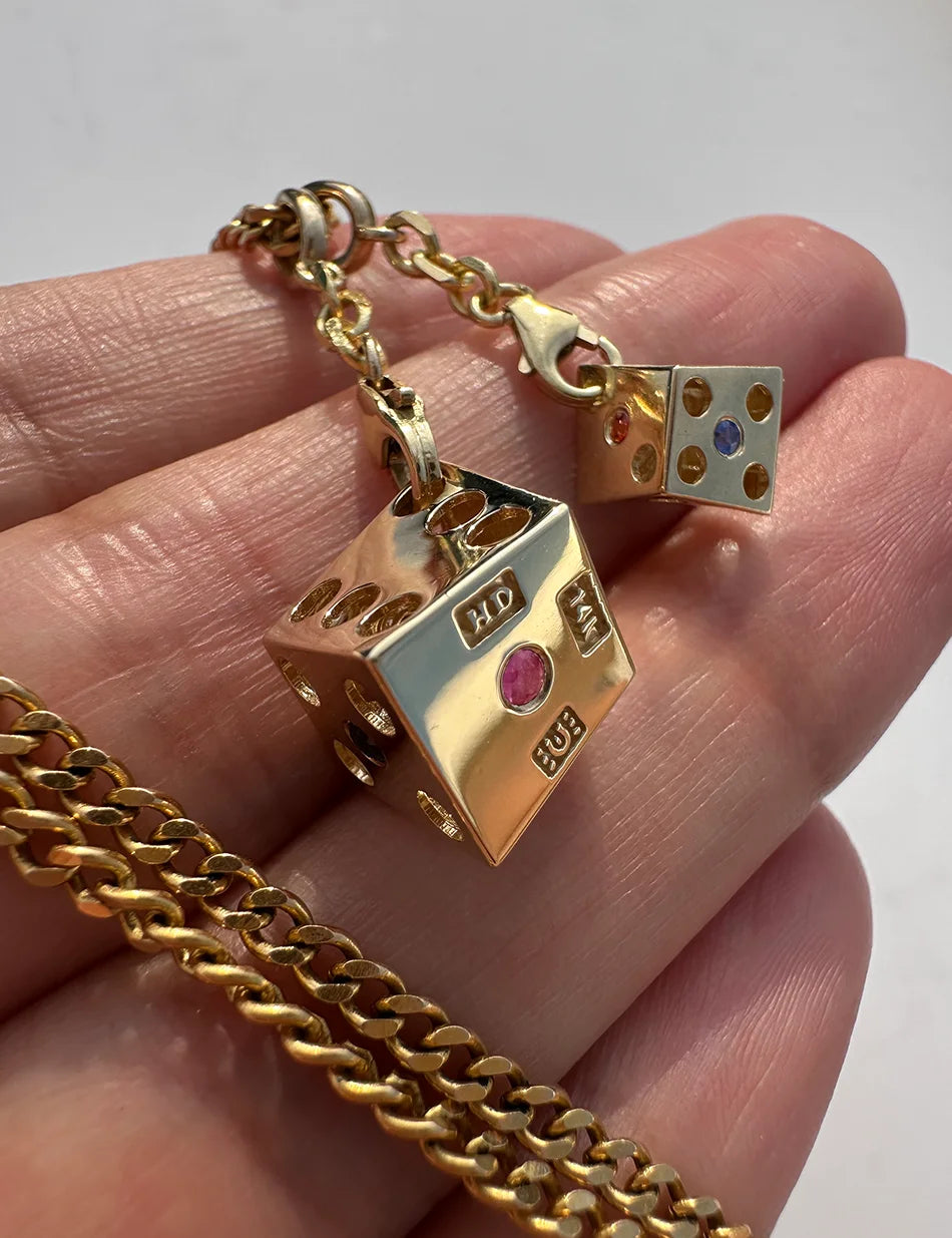 Dice Charm Pendants - 14k gold & Sapphires