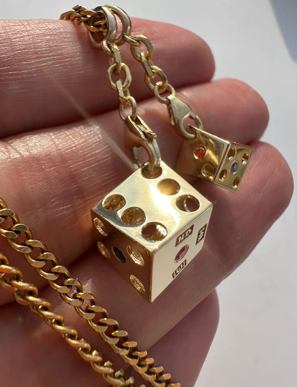 Dice Charm Pendants - 14k gold & Sapphires