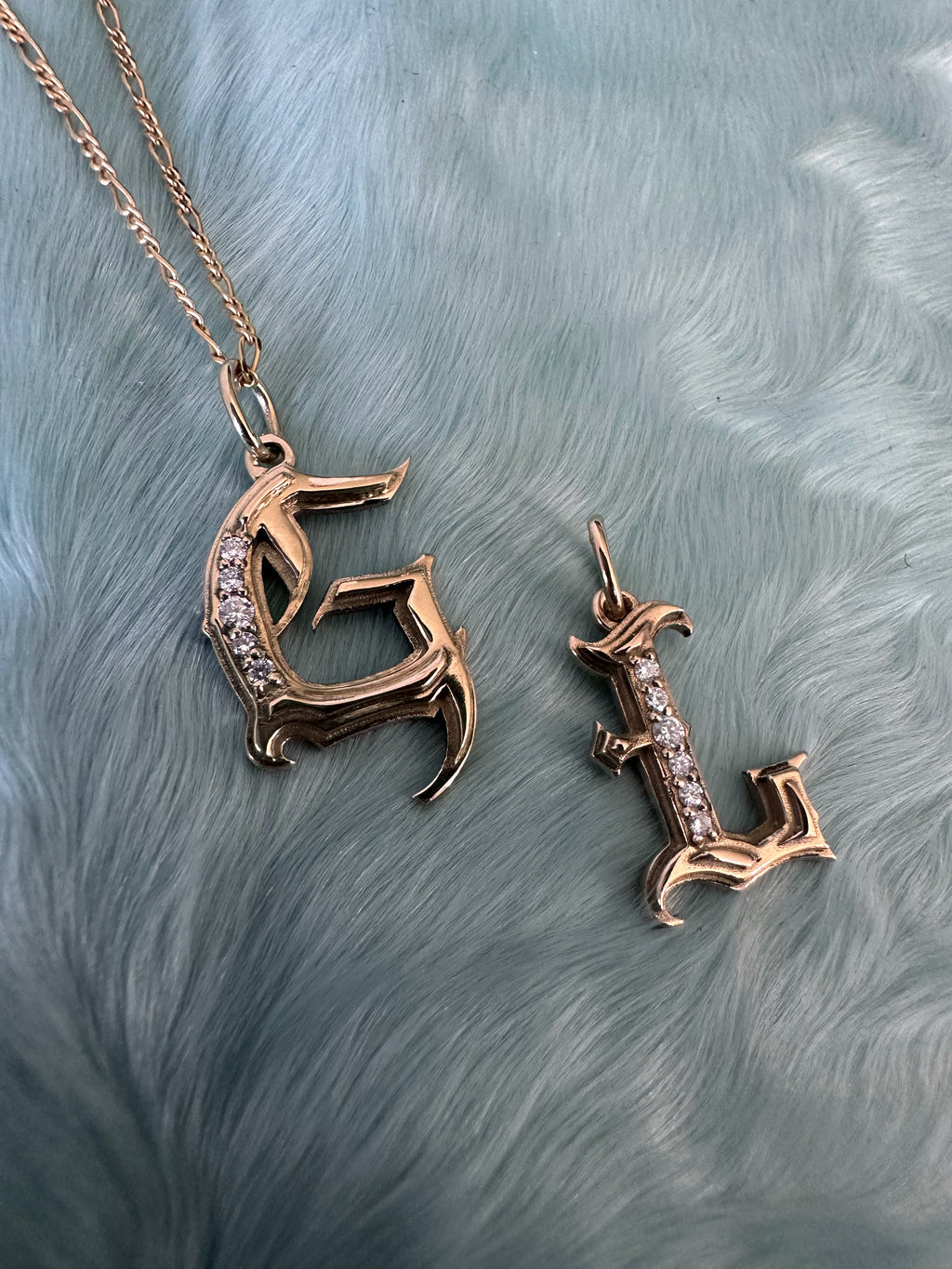 Gothic Initial jewelry in 14k gold with diamonds by honey drip