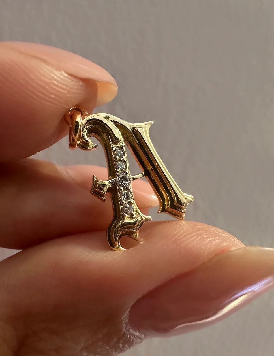 Gothic Cathedral Monogram Initial Charm - 14k gold, diamonds