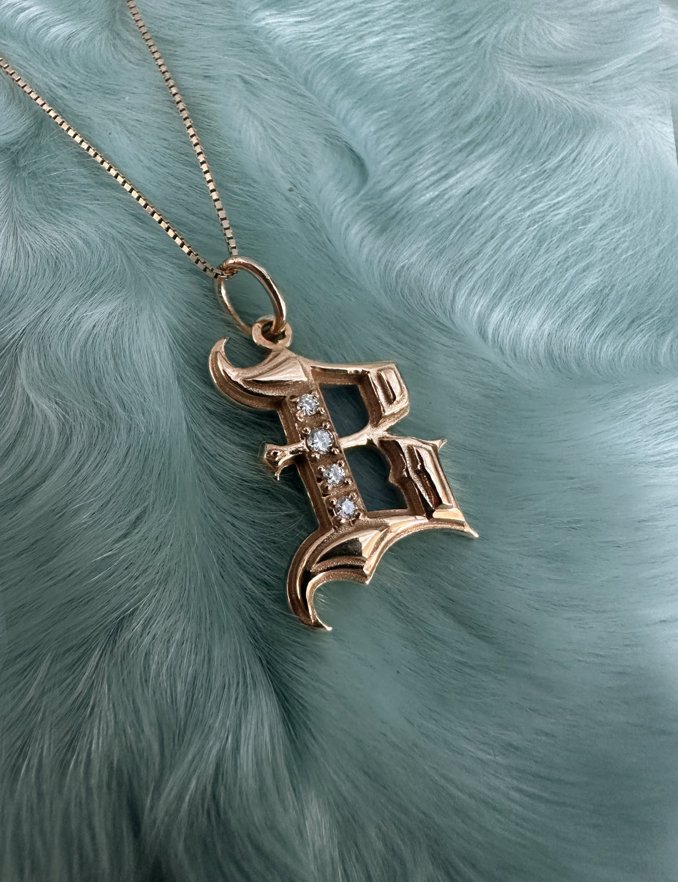 Gold Gothic Initial jewelry charm pendant with monogram "B" with diamonds by honey drip.