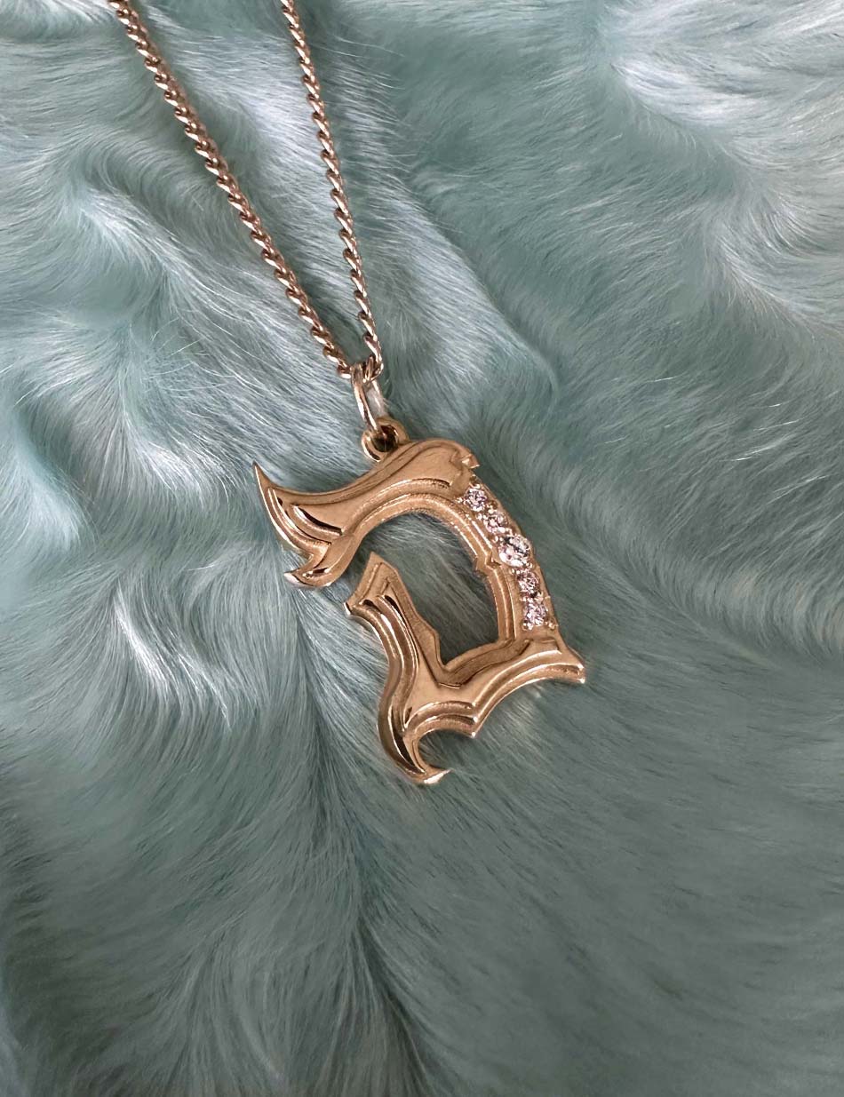 Gold Gothic Initial jewelry charm pendant with monogram "D" with diamonds by honey drip.