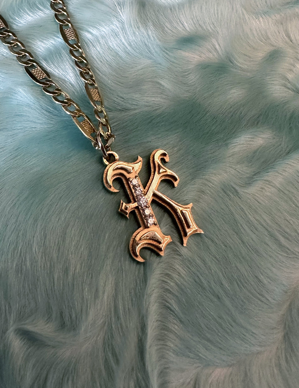 Gold Gothic Initial jewelry charm pendant with monogram "K" with diamonds by honey drip.