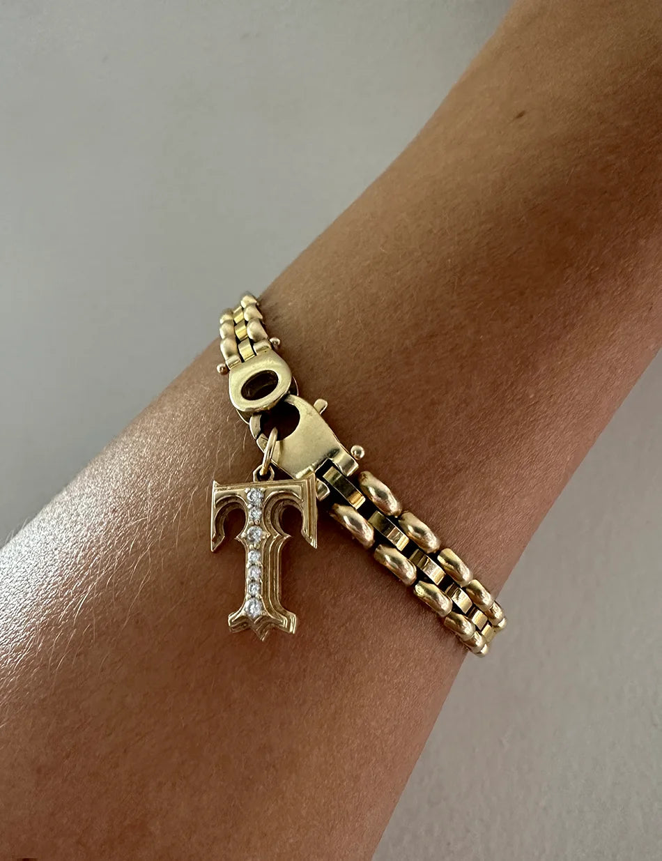 Gothic Cathedral Monogram Initial Charm - 14k gold, diamonds