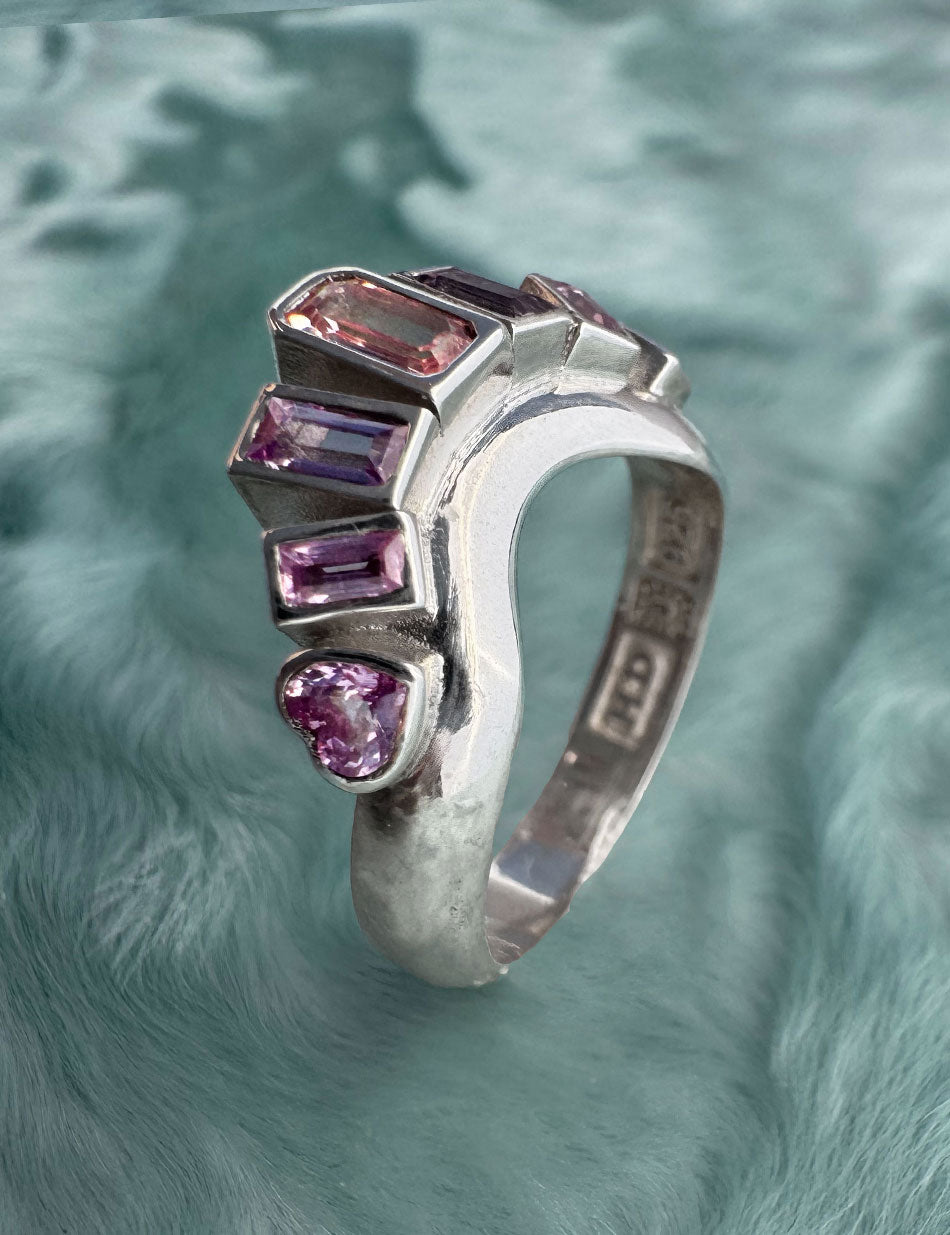 Bezel Heart Curve Halo Ring - sterling silver, sapphires