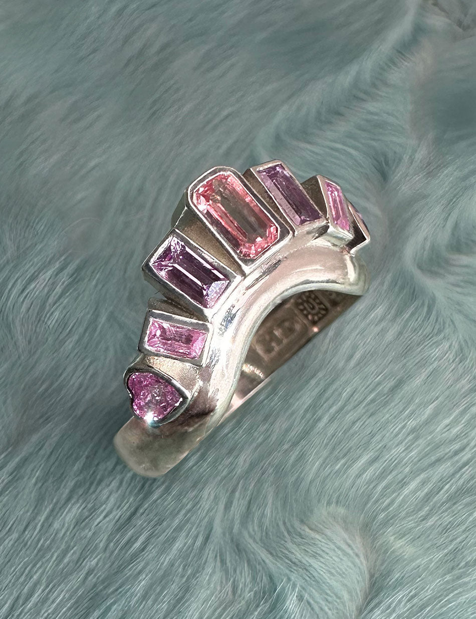 Bezel Heart Curve Halo Ring - sterling silver, sapphires