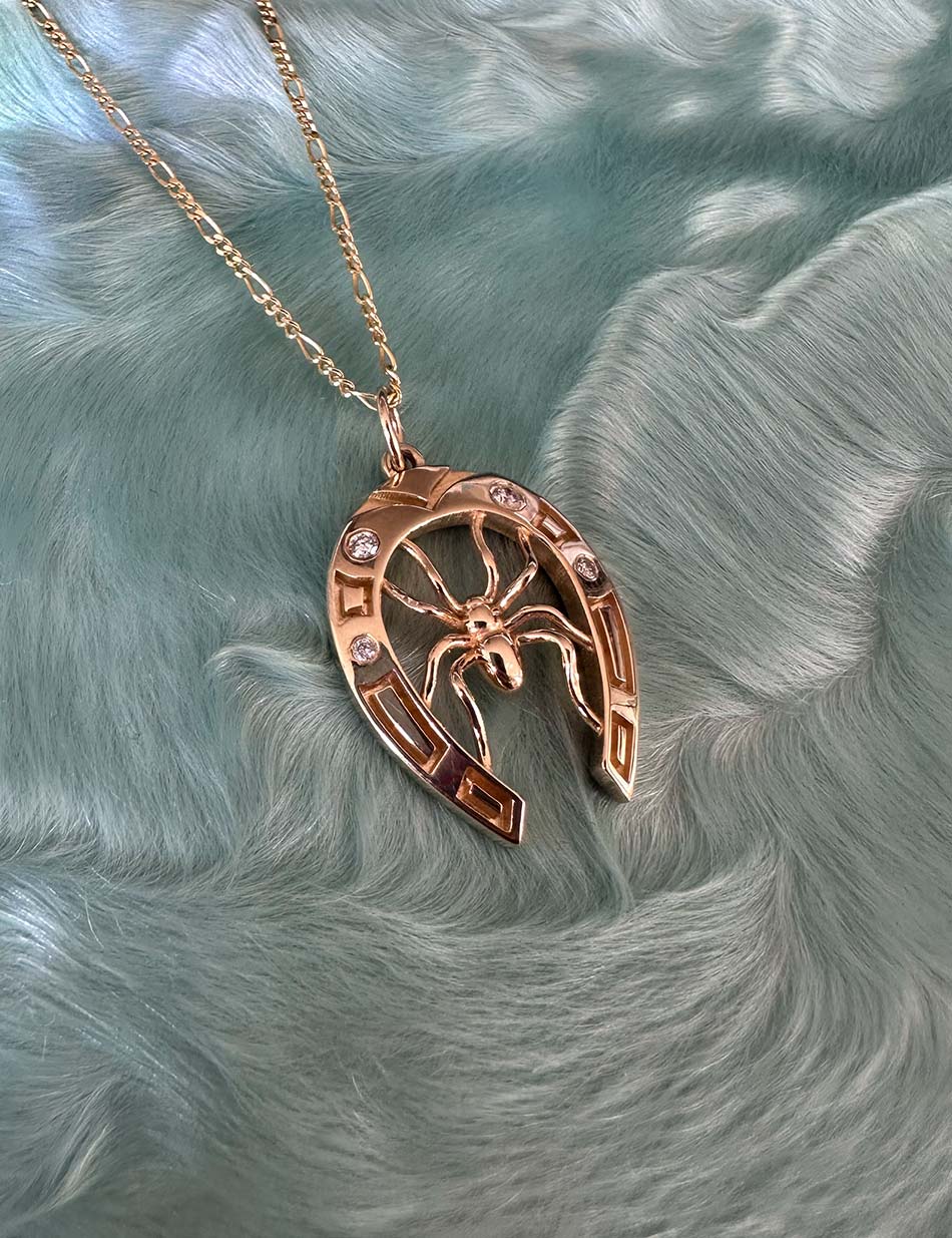 Lucky Horseshoe Spider Necklace Charm - 14k gold or sterling silver