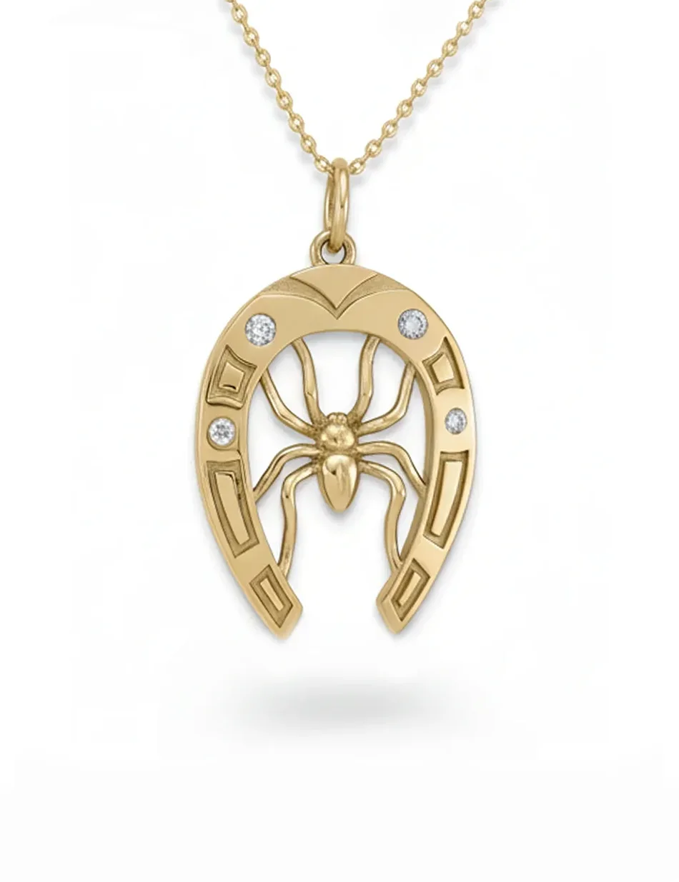 Lucky Horseshoe Spider Necklace Charm - 14k gold or sterling silver