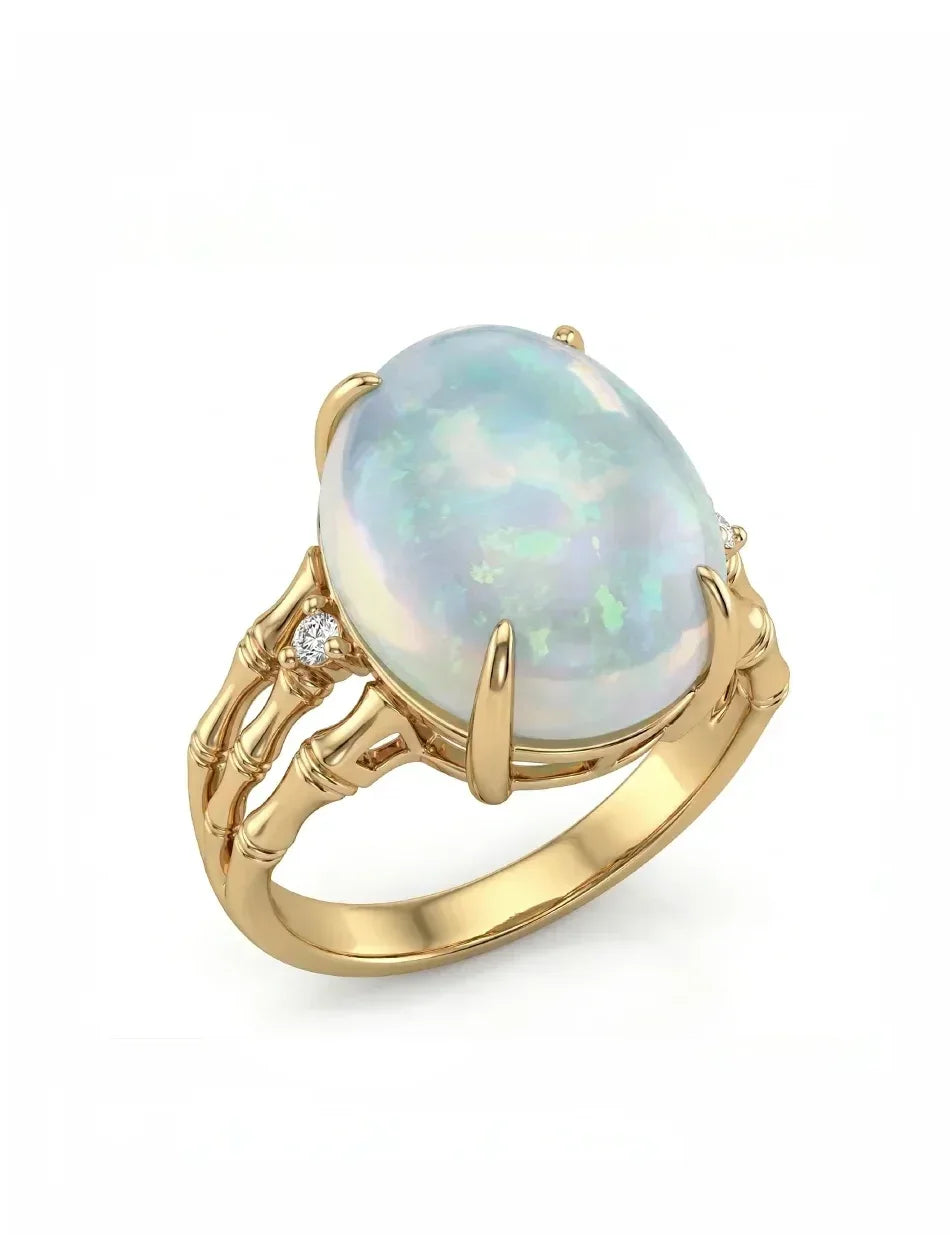 Lucky Bamboo Opal Ring - 14k gold, opal, diamonds