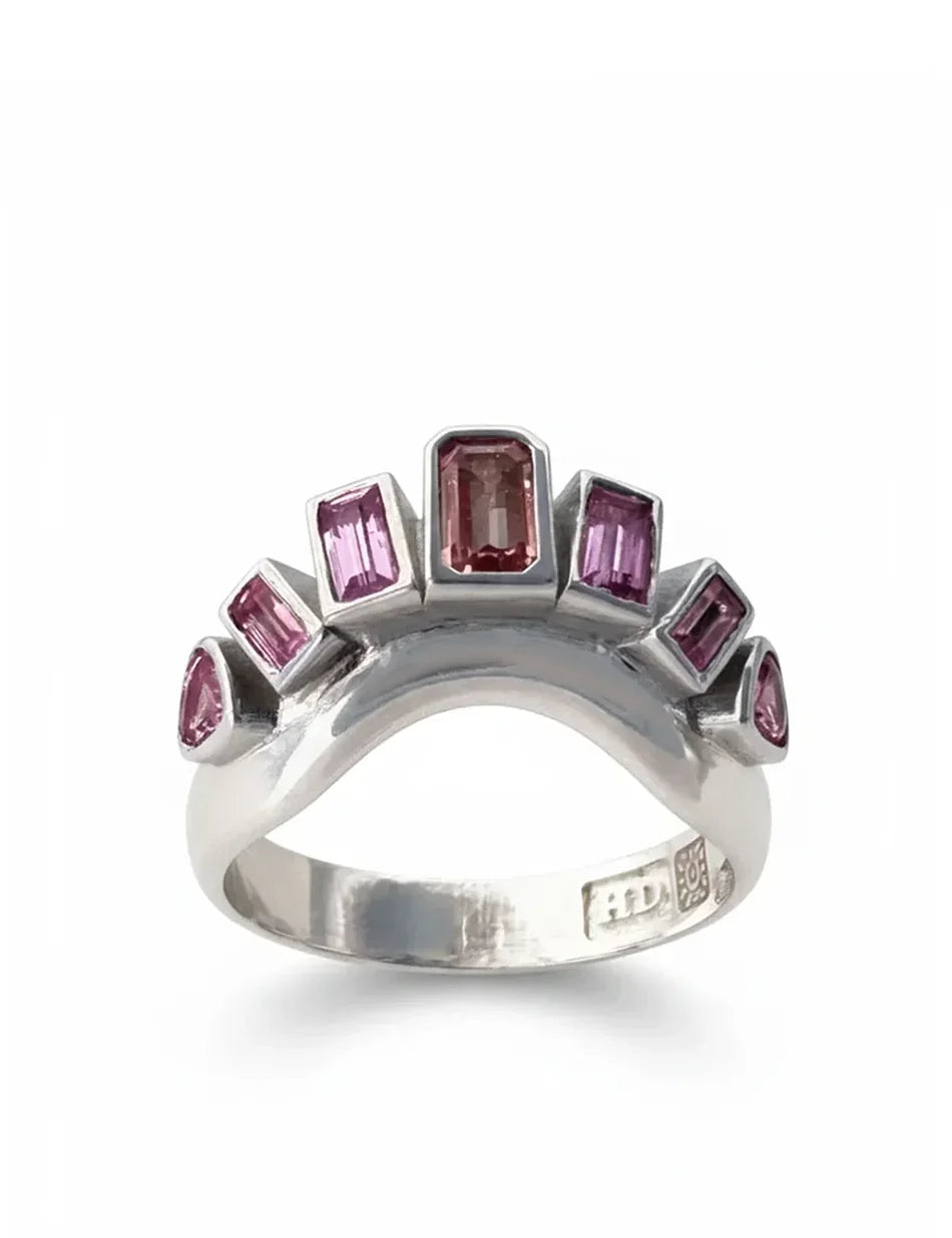 Bezel Heart Curve Halo Ring - sterling silver, sapphires