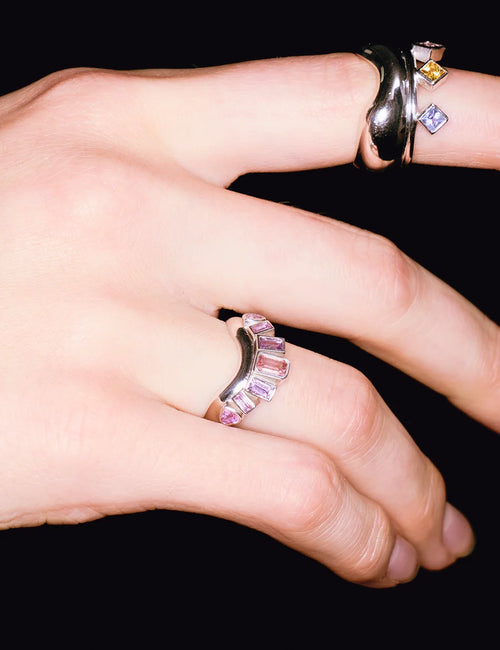 Bezel Heart Curve Halo Ring - sterling silver, sapphires