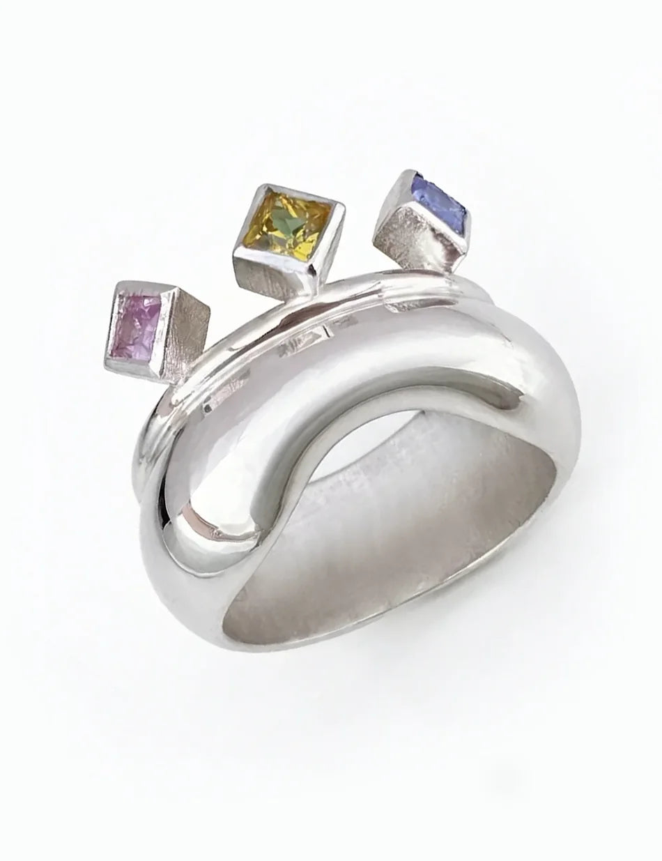 Chunky Wave Trio Ring - sterling silver, sapphires