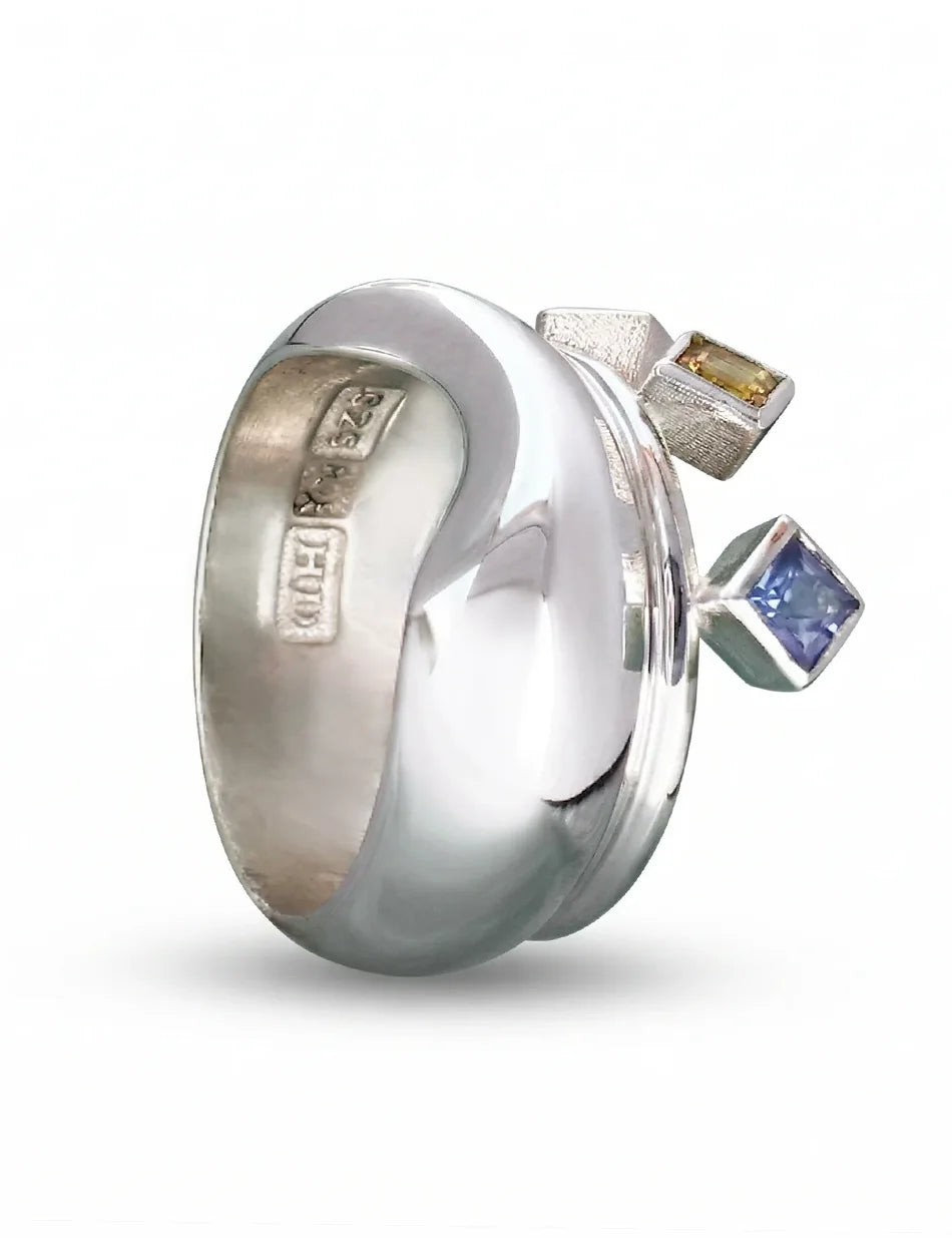 Chunky Wave Trio Ring - sterling silver, sapphires