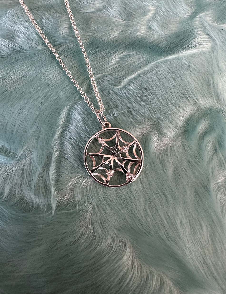 Spider Web Charm Medallion - 14k gold or sterling silver, diamonds