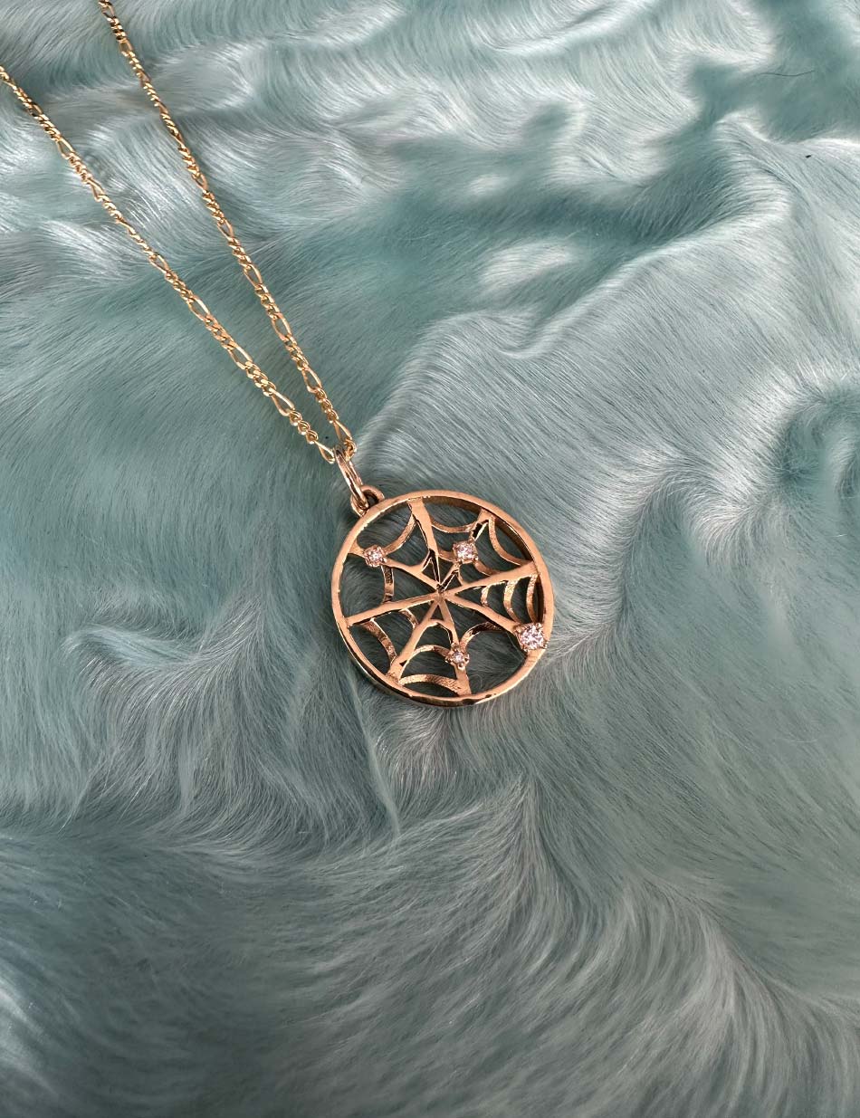 Spider Web Charm Medallion - 14k gold or sterling silver, diamonds