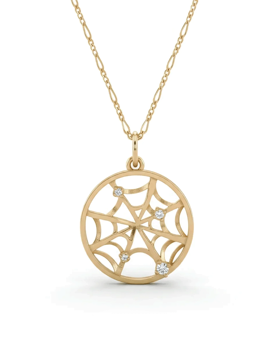 Spider Web Charm Medallion - 14k gold or sterling silver, diamonds