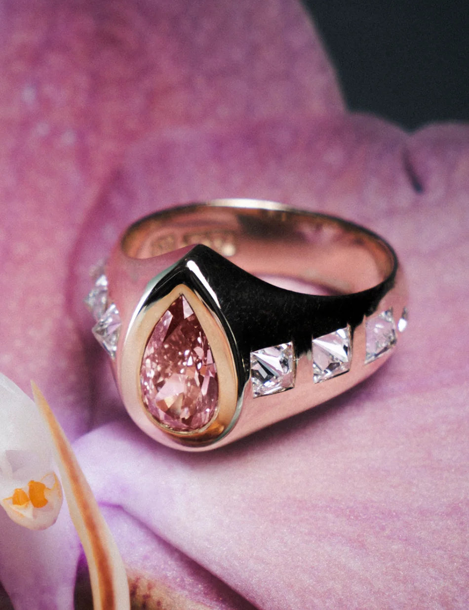 Rose Thorn Ring - 14k gold, pink diamond pear,<br>white diamond