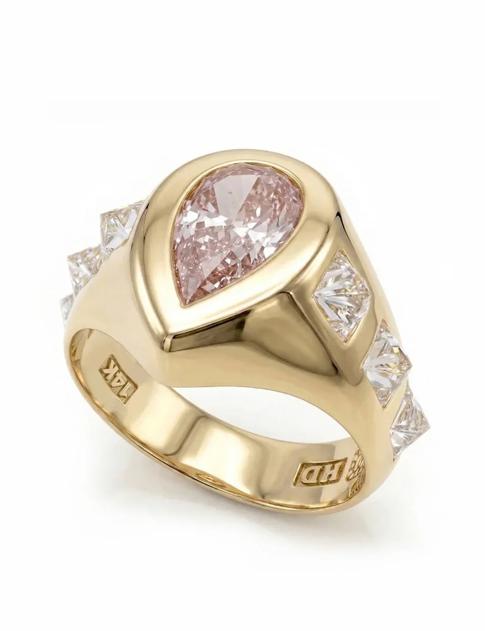 Rose Thorn Ring - 14k gold, pink diamond pear,<br>white diamond