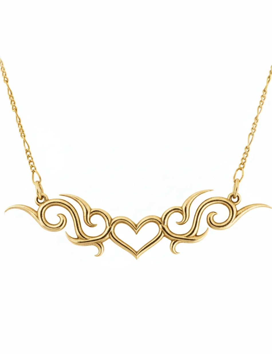 Tribal Tattoo Heart Necklace - 14k gold or sterling silver
