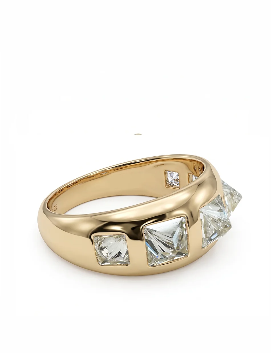 Side view of wide gold band ring featuring white diamonds set inverted, meant to mimic the studs and spikes found on classic punk, goth, and emo clothing. An elevated ring for those looking for fine jewelry that reflects their alternative taste.