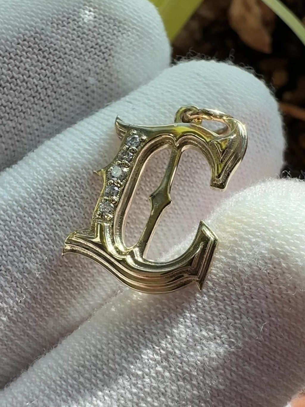 Gothic Cathedral Monogram Initial Charm - 14k gold, diamonds