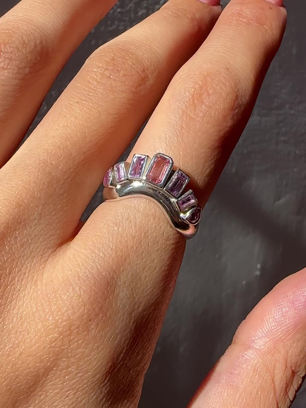 Bezel Heart Curve Halo Ring - sterling silver, sapphires