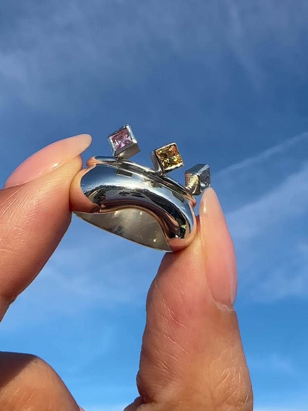 Chunky Wave Trio Ring - sterling silver, sapphires