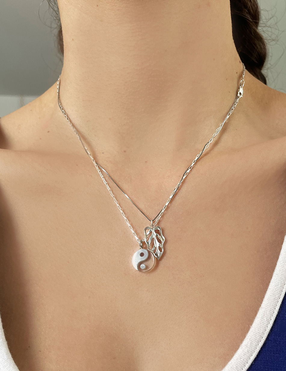 Monstera Obliqua Leaf Charm Pendant + Yin Yang Balance Pendant in Sterling Silver by HONEY DRIP JEWELRY NYC