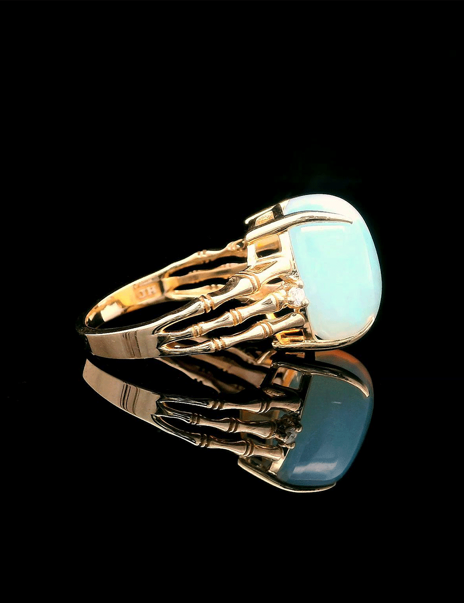 Bamboo opal ring in 14k gold with white diamond accents by HONEY DRIP JEWELRY.