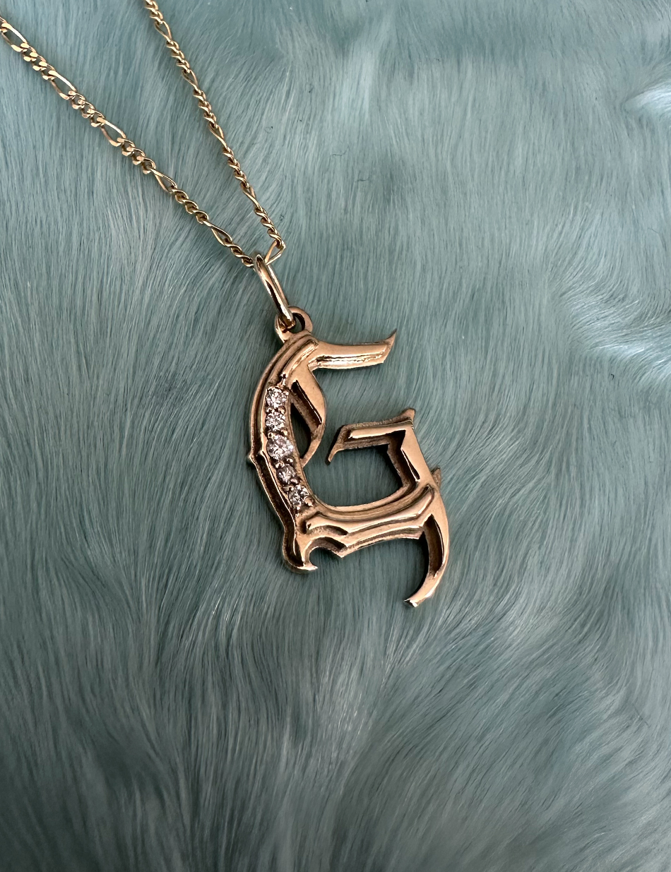 Gothic Letter Monogram Charm pendant in 14k gold with diamonds by HONEY DRIP JEWELRY.