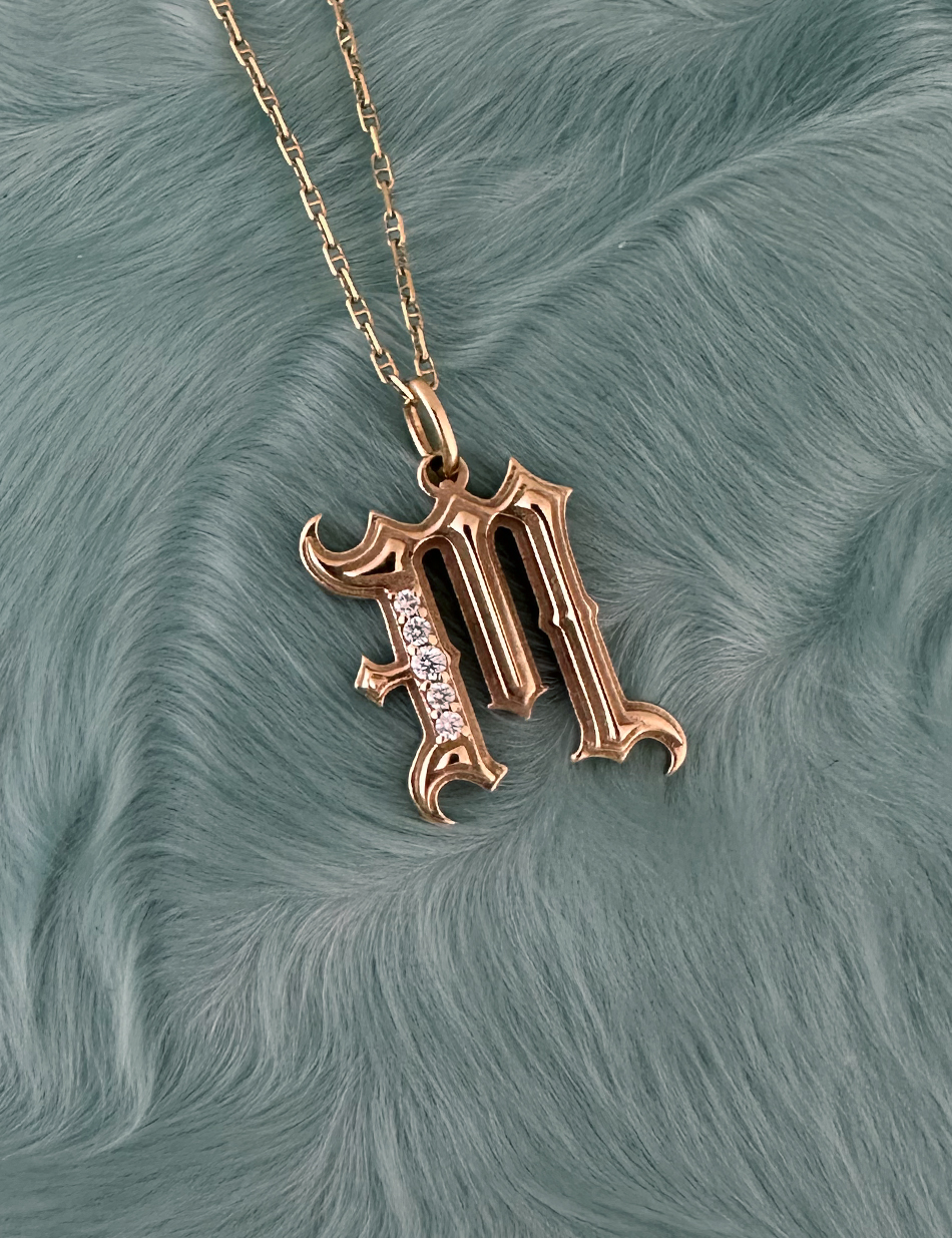 Gothic Letter Monogram Charm pendant in 14k gold with diamonds by HONEY DRIP JEWELRY.