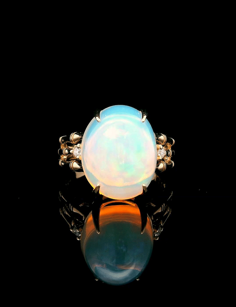 Bamboo opal ring in 14k gold with white diamond accents by HONEY DRIP JEWELRY.