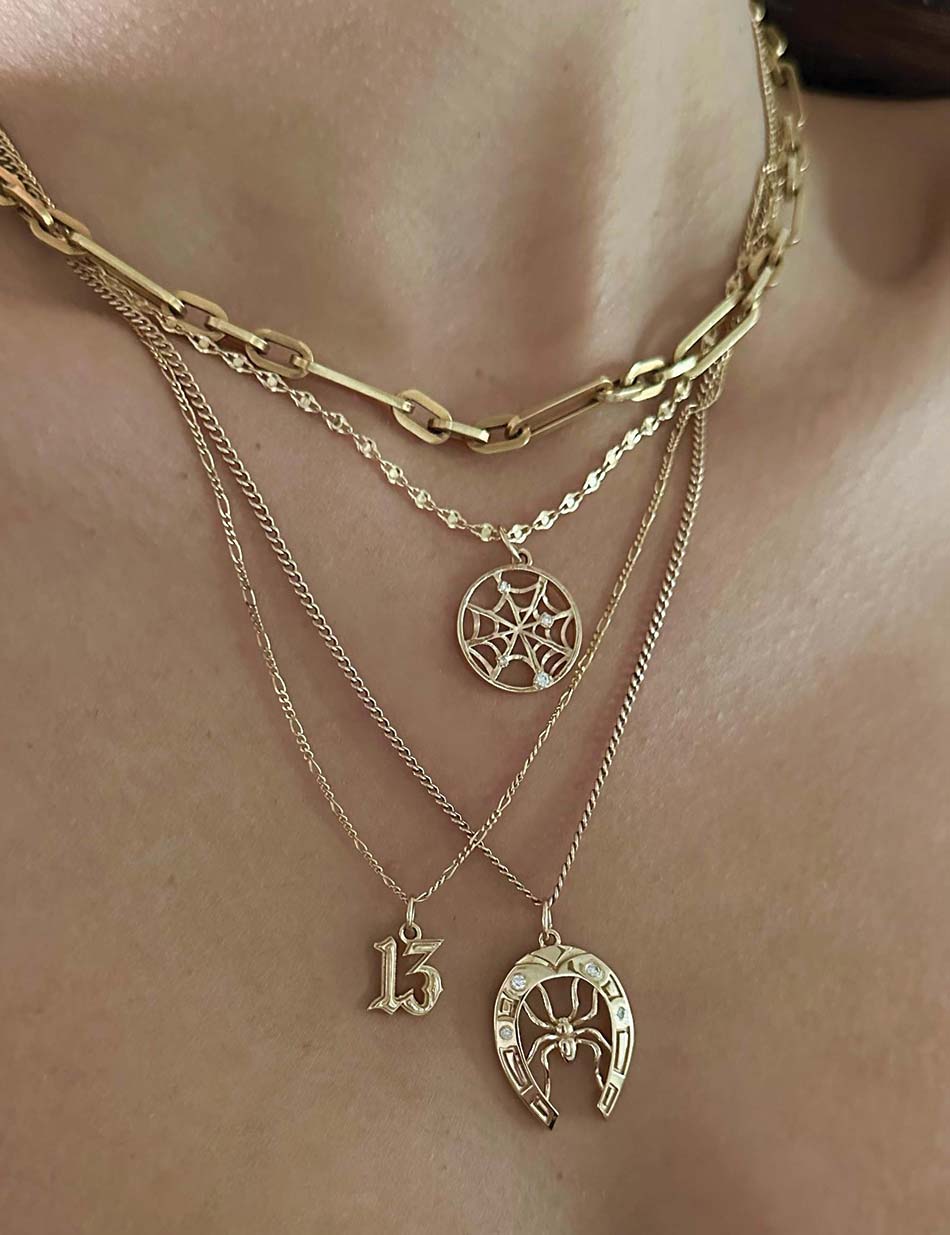 Spider Web Medallion, Horseshoe Spider Charm, and lucky 13 charm Necklace in 14k gold with white diamonds.