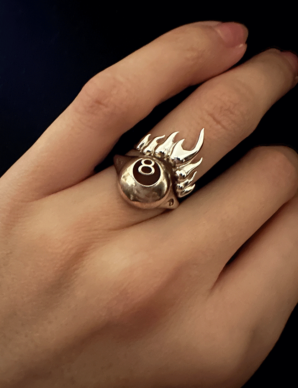 The 8 Ball Billiards Signet Ring with the silver fire flames stacking ring by Honey Drip Jewelry.