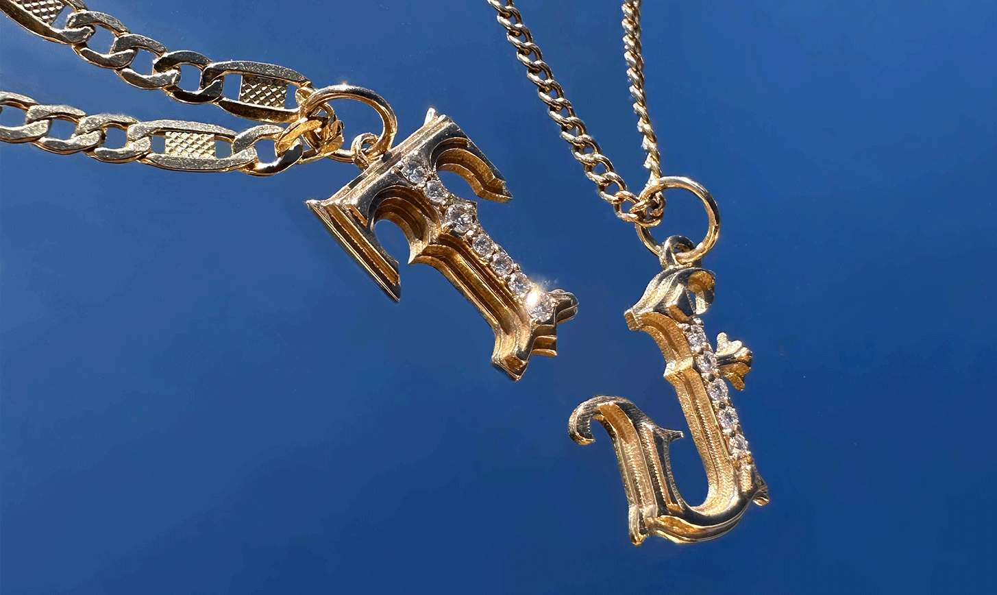 Gothic monogram letter charm pendants in 14k gold and diamonds