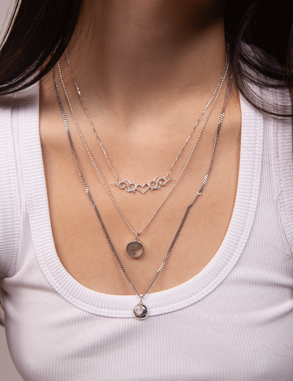 Sterling Silver necklace set by Honey Drip Jewelry. Tribal Tattoo heart necklace, yin yang Balance Pendant, and Billiards 8 Ball charm pendant