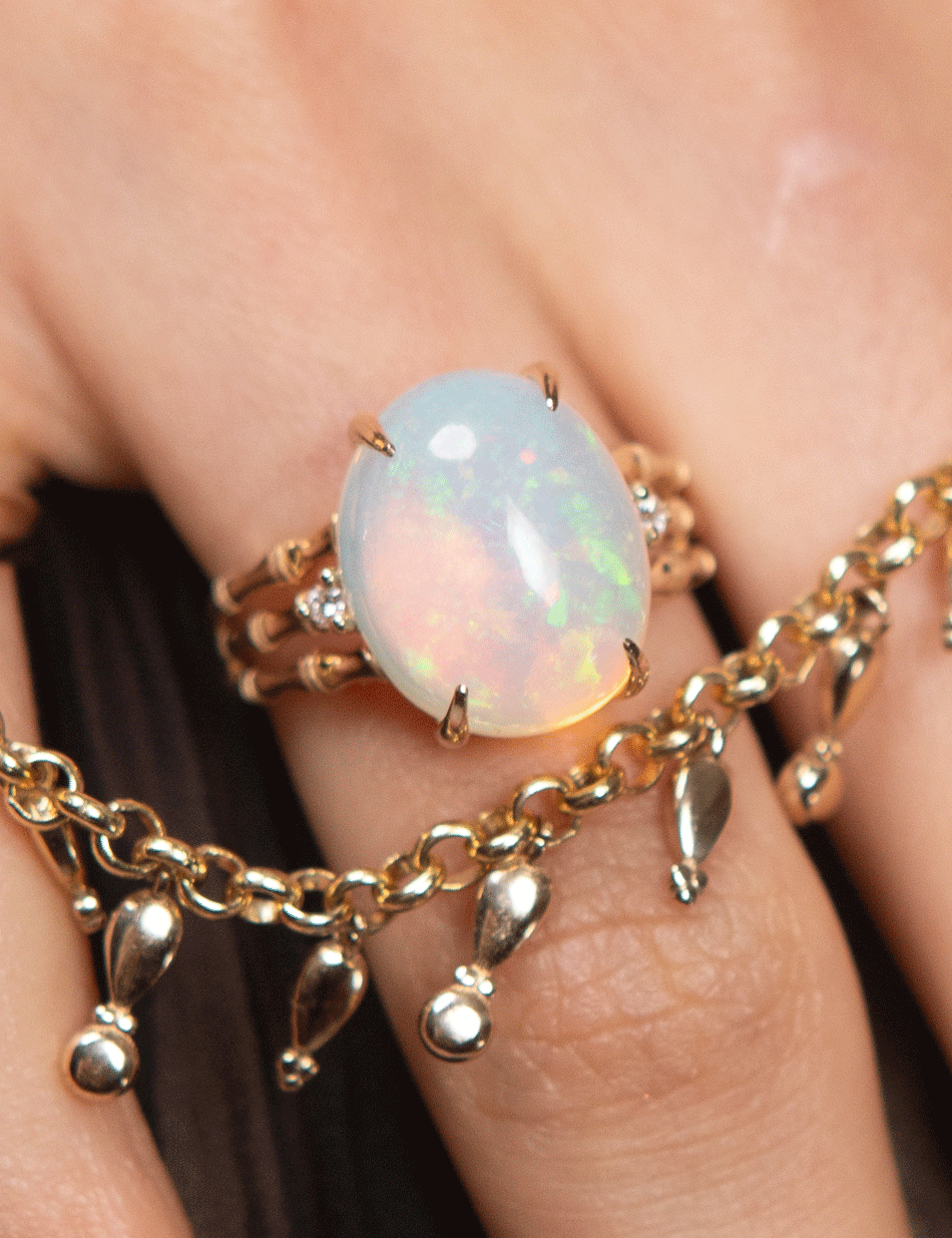 Bamboo opal ring in 14k gold with white diamond accents by HONEY DRIP JEWELRY.