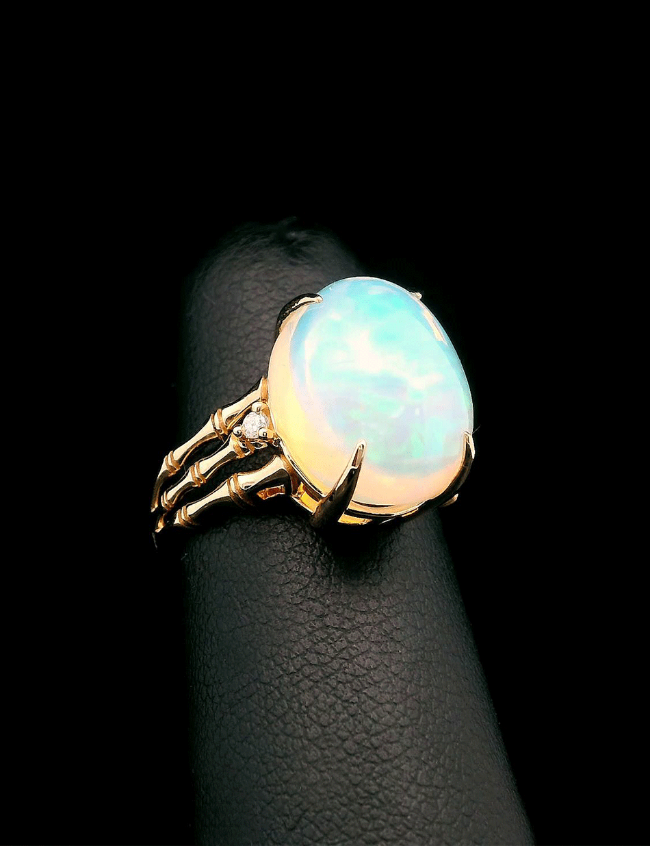 Bamboo opal ring in 14k gold with white diamond accents by HONEY DRIP JEWELRY.