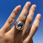 Silver XL 8 ball ring and chain handpiece in 14k gold with diamonds