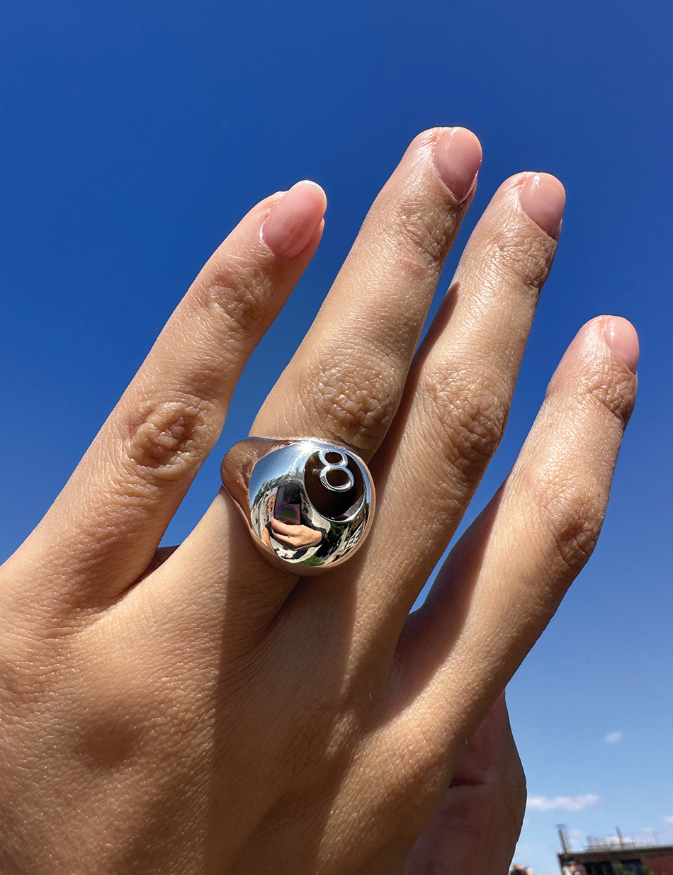 Silver XL 8 ball ring and chain handpiece in 14k gold with diamonds