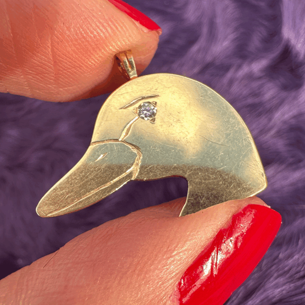VINTAGE<br>Duck Head Charm w/ Engraving - 14k Gold
